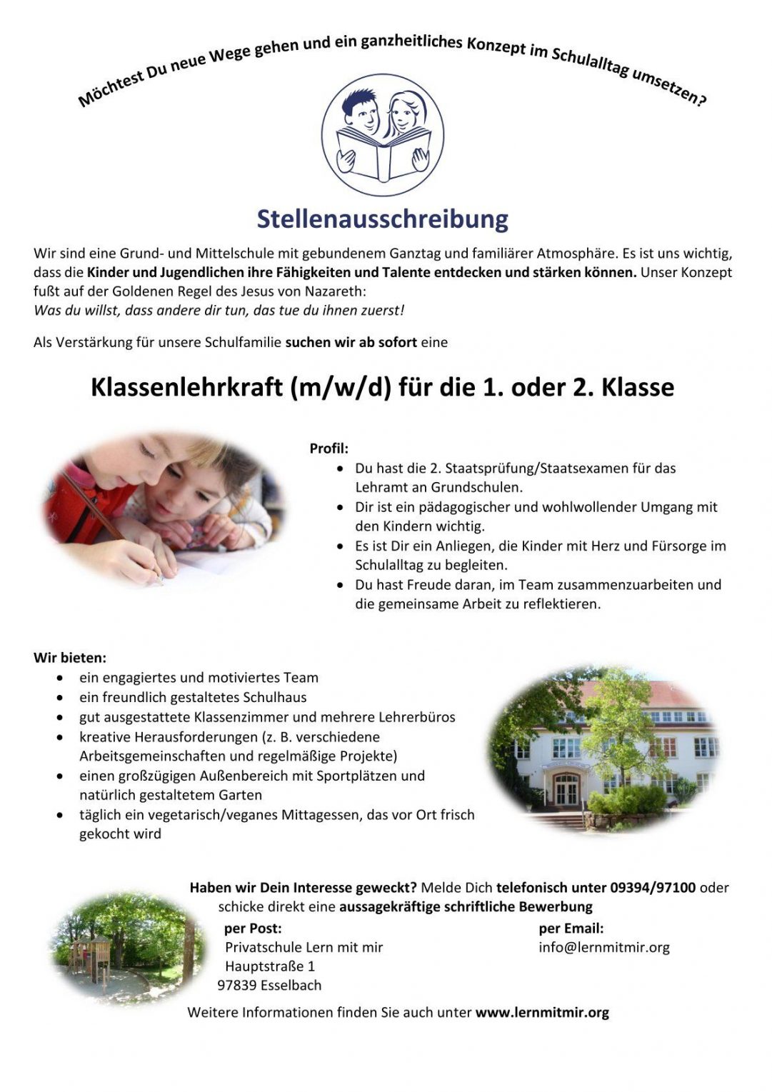 Stellenausschreibung  für die 1. Klasse an der Privatschule Lern mit mir 